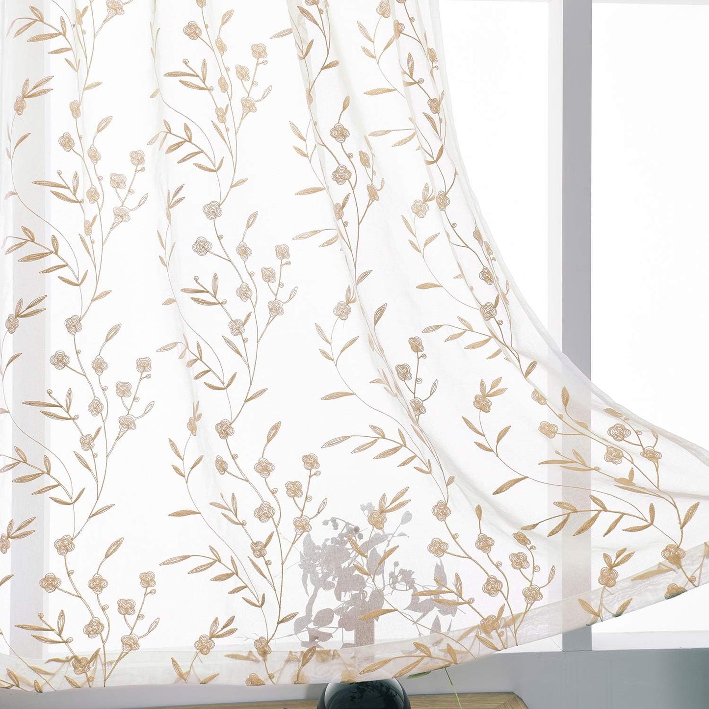 Sheer Curtains Embroidery 63 Inch Length White-Beige Rod Pocket Voile Drapes for Living room, Bedroom, Window Treatments Semi Flower Pattern Curtain Panels for Yard, Farmhouse, Set of 2, 52"x 63".