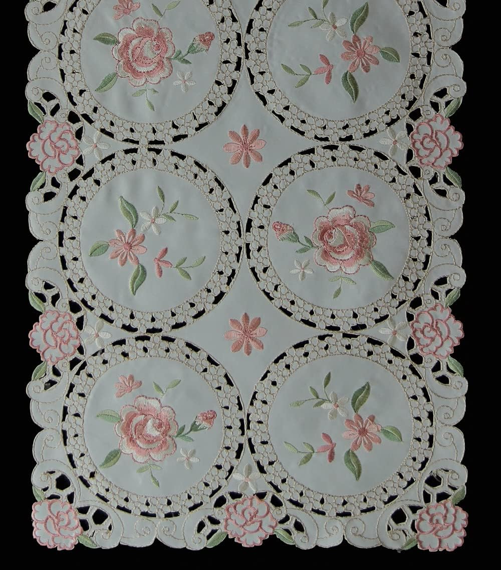 Creative Linens Embroidered Pink Rose Daisy Floral Table Runner Dresser Scarf 15x67 Ivory Spring