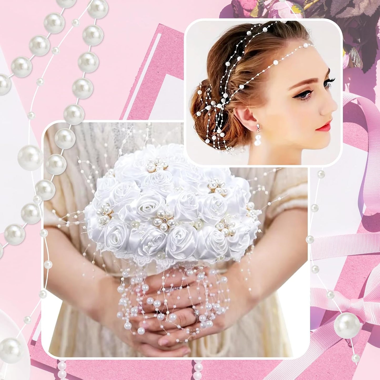 99 Feet Fishing Line Artifical Pearl Strings for Crafting, Faux Pearl Garland Strands for Floating Candle Vases Filler Wedding Centerpiece Bouquet Christmas Tree Party Decoration, Ivory