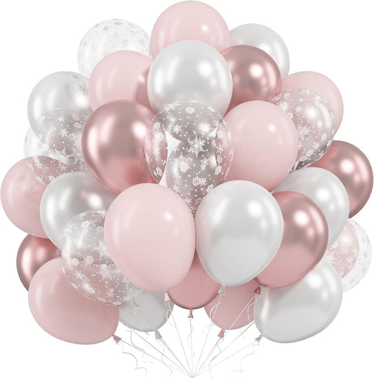 Pink Winter Wonderland Balloons, 50 Pcs 12 Inch Pearl White Balloons Pastel Metallic Pink Balloon for Girls Womem Winter Christmas Wonderland Birthday Baby Shower Ice Snow Princess Party Decorations