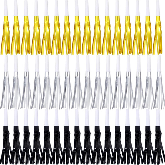 Metallic Fringed Noise Makers, for Noise Makers Party Favors, New Year Party, Baby Shower, Kids Birthday, 48 Pcs, Gold, Silver, Black