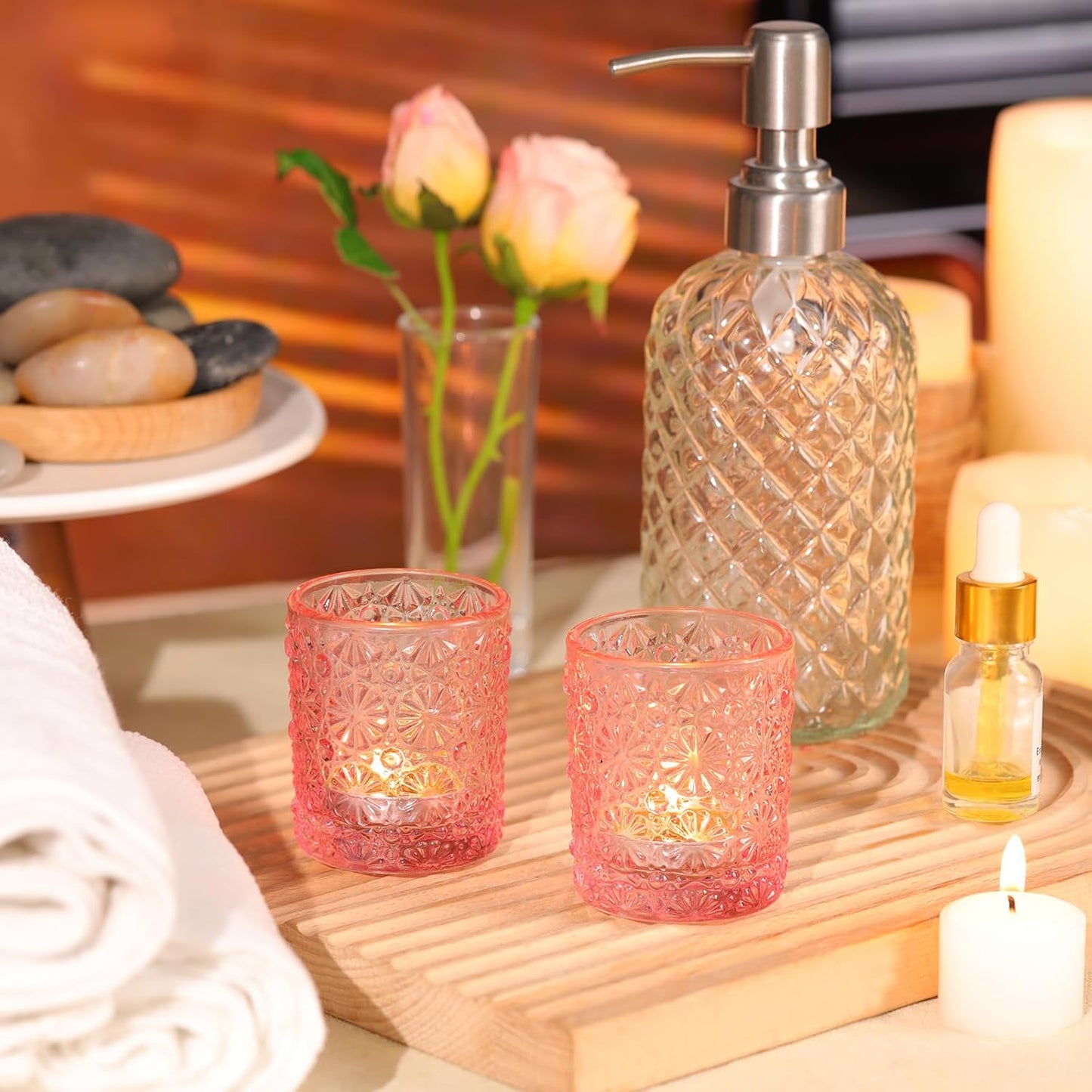 Pink Votive Candle Holder Set of 36, Flower Tea Lights Candles Holders for Wedding Table Centerpieces, Birthday Parties, Anniversary, Pink Bridal Shower and Holiday Decorations