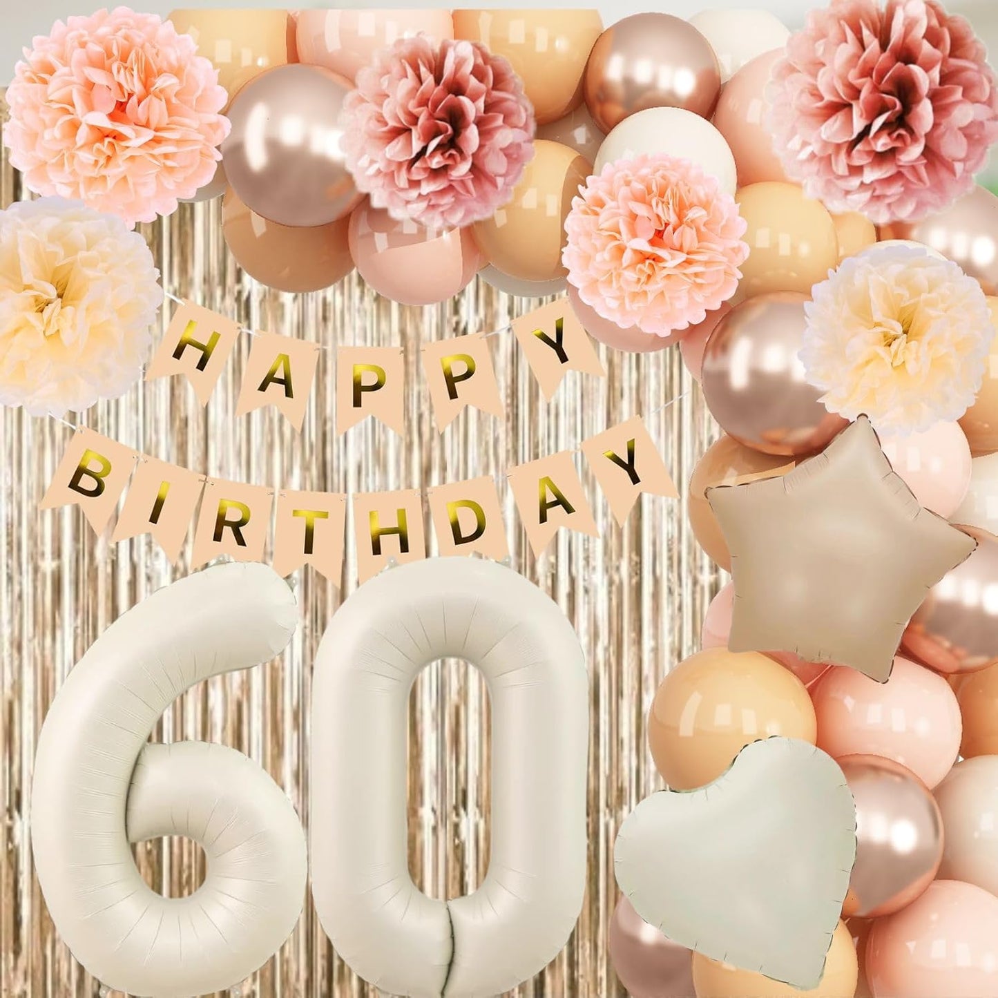 Beige 60th Birthday Decorations for Women Cream Number 60 Balloon Nude Gold Happy Birthday Banner Fringe Curtain Paper Pom Poms Blush White Sand Champagne Star Foil Balloons Neutral Boho Party Decor