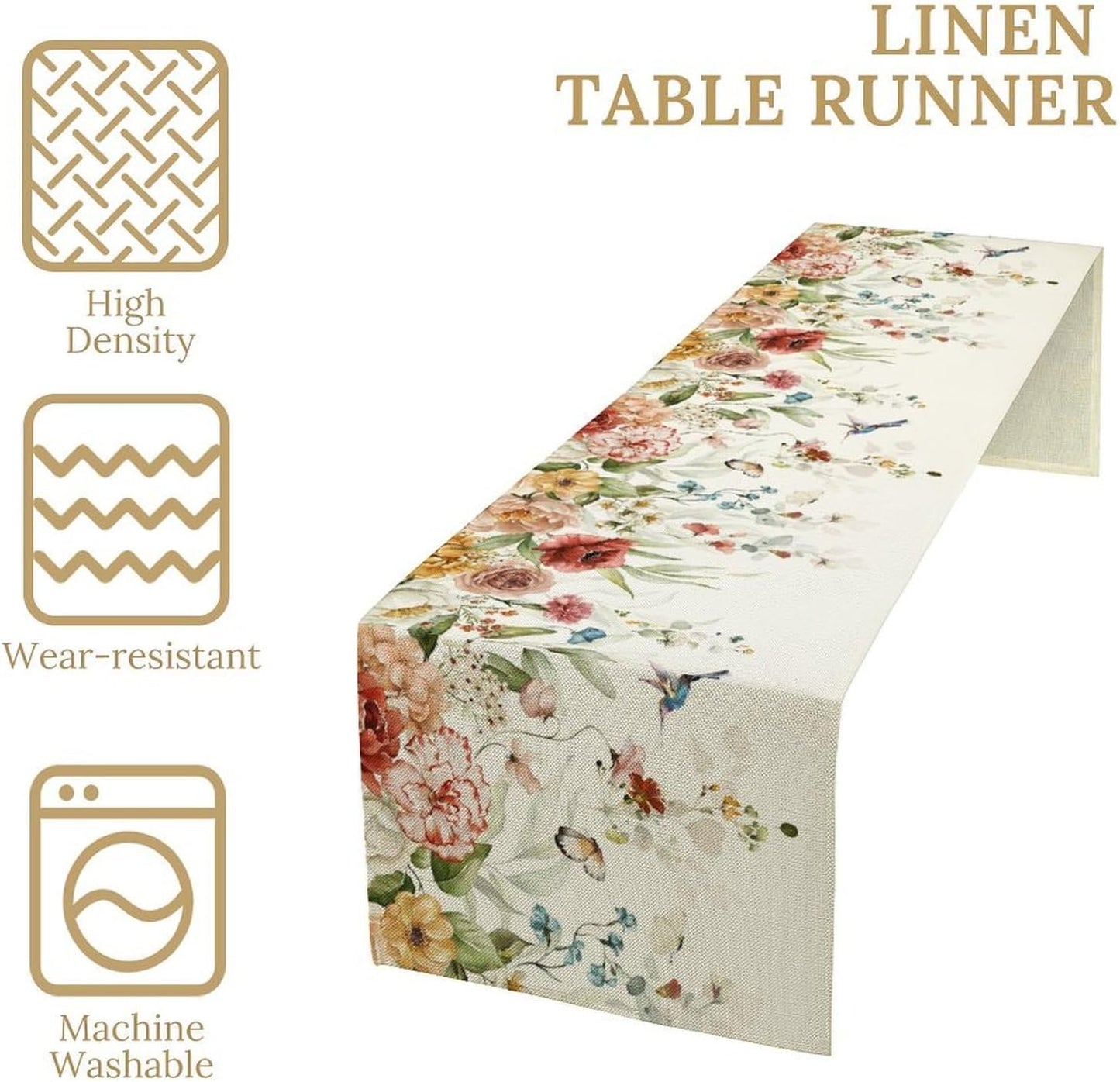 Rustic Floral Table Runner, Watercolor Flower Leaves Hummingbird Butterfly Farmhouse Kitchen Dinning Table Runner for Indoor Outdoor Home Wedding Party Holiday, 13x36 Inch