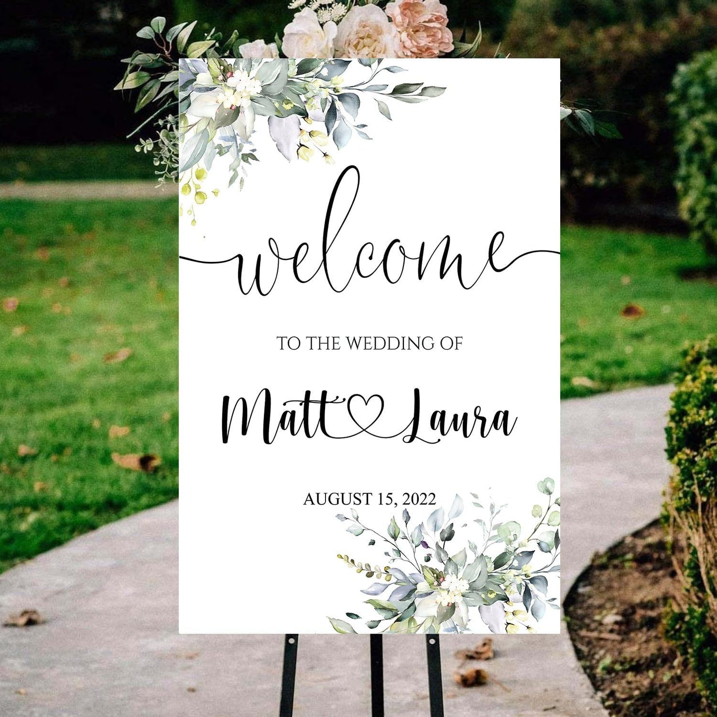 Generic Eucalyptus Wedding Welcome Sign, Editable Plastic Wedding Sign, 12x18, 18x27, 24x36 Inch, 4mm Thick, Weatherproof & Fade-Resistant, Customizable with Names, Date, Message