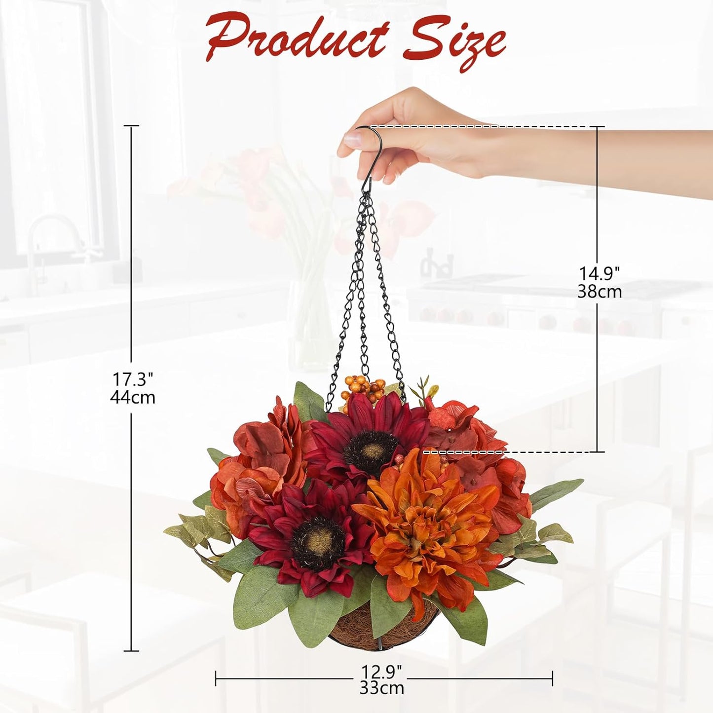 Hydrangea Fall Hanging Baskets Sunflowers Artificial Flowers Fall Hanging Decor Sunflowers Flowers Red Orange Fake Hydrangea Faux Plants Indoor Outdoor for Porch Garden Autumn Decorations for Home