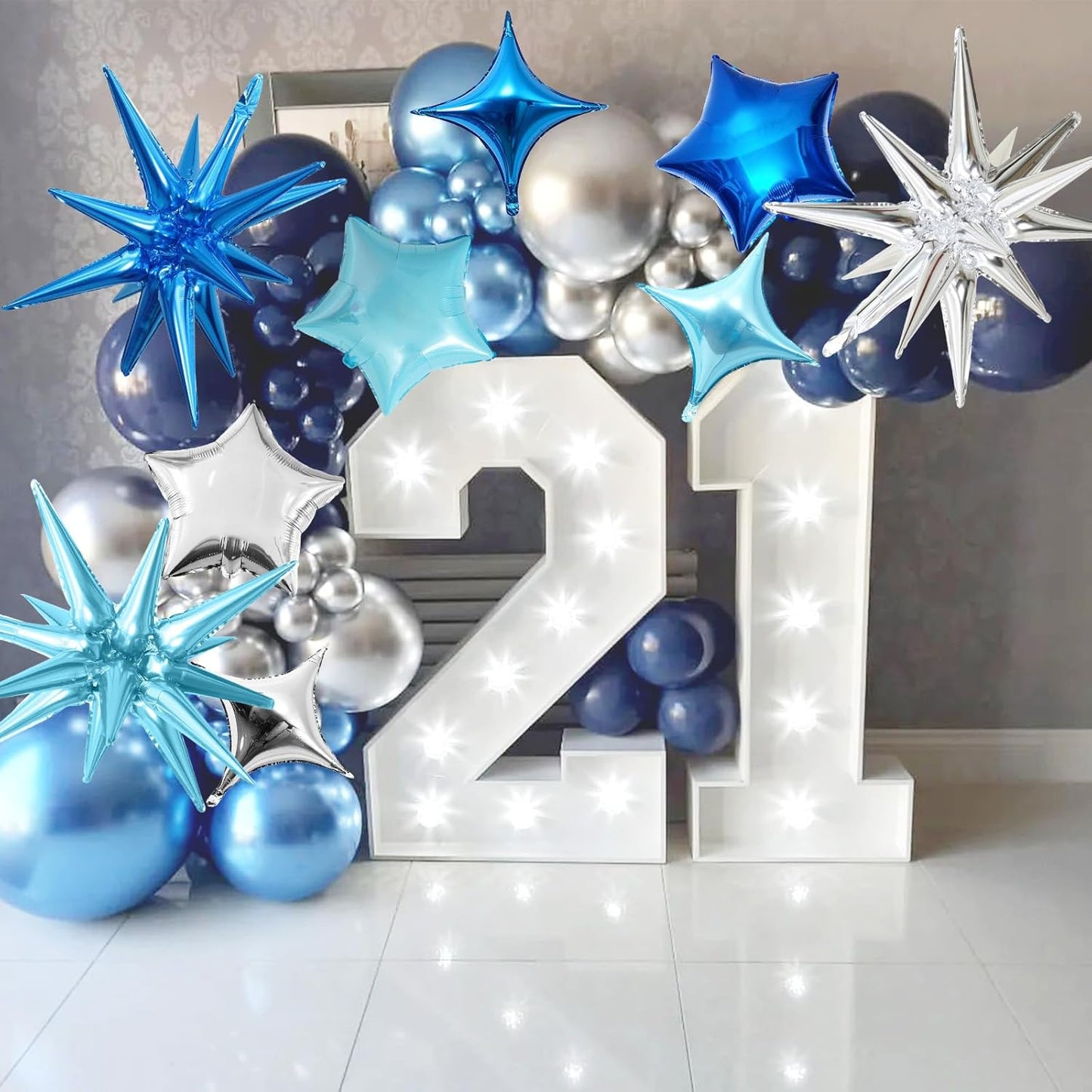Blue Silver Star Balloons, 22in Large Star Balloons Foil 10in 4-Pointed & Pentagram Balloon for Graduation Baby Shower Space Themed Birthday Party Decorations