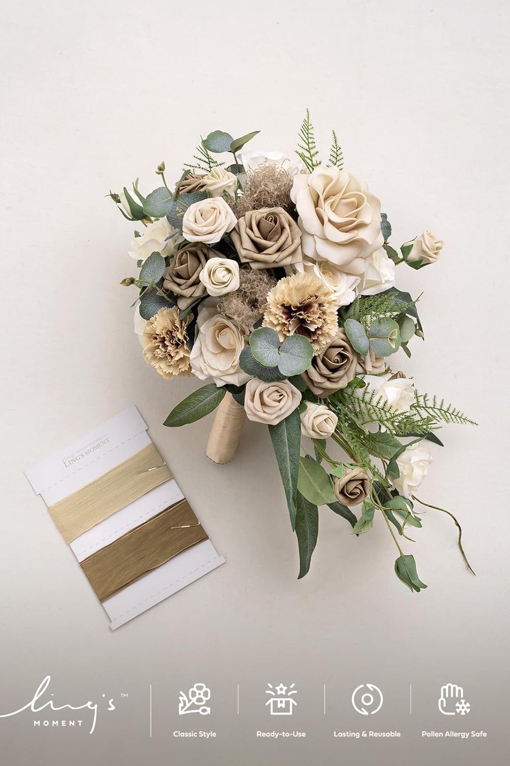 Ling's moment Intimate Brown Bridal Bouquet Cascading, Beige Wedding Bouquets for Bride, 13 Inch Bride Bouquets for Wedding Artificial Flowers Bouquets