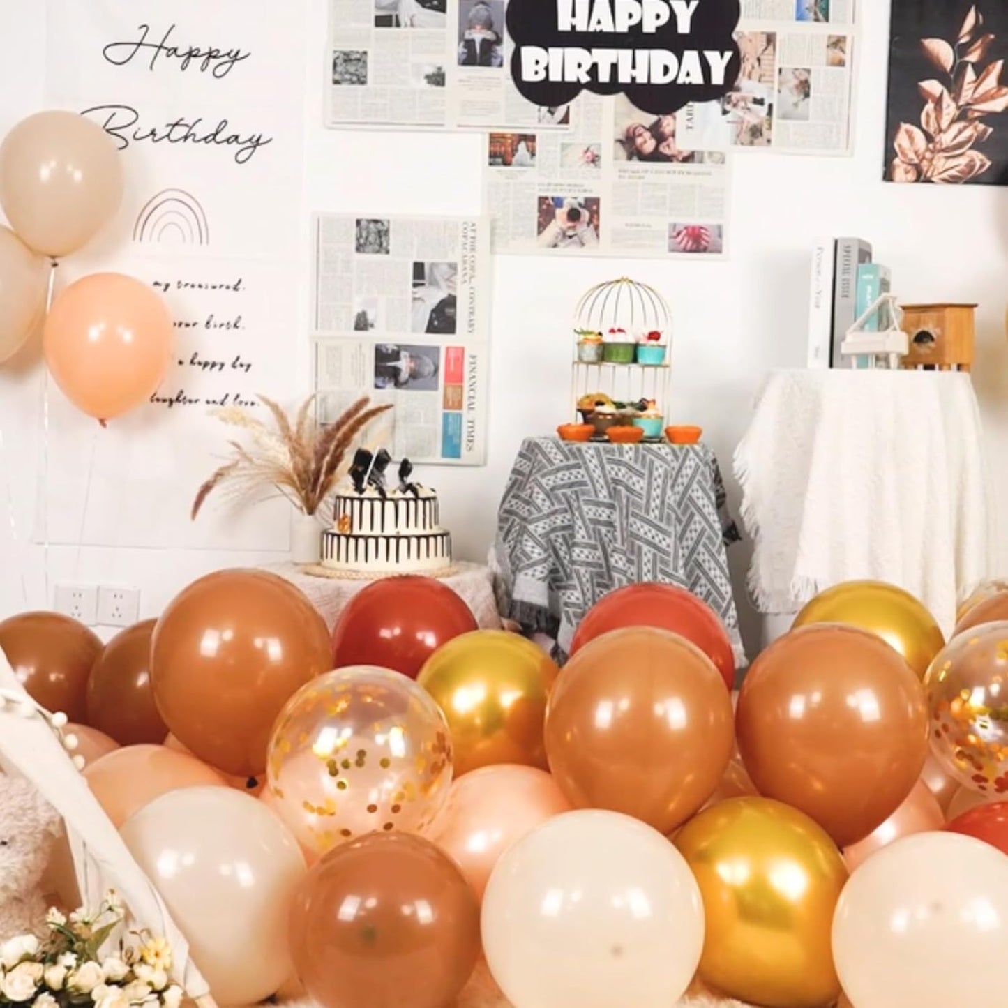 Paready Brown and Gold Balloon Set, 50Pcs 12 Inch Tan Apricot Sand White Metallic Confetti for Bridal Shower Baby Shower Fall Birthday Party Decorations