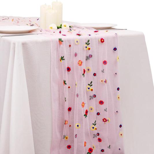 BINBE 1pcs Pink Daisy Fall Table Runner Embroidery Gauze 10FT Florals Seasonal Tulle Holiday Birthday Kitchen Dining Table Decor for Home Party