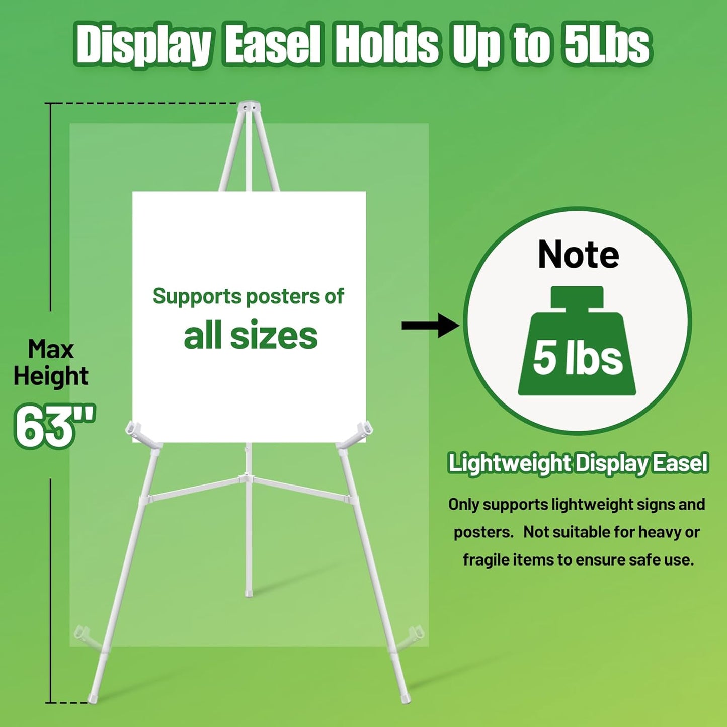 White Easel Stand for Sign & Poster - 63" Adjustable Display Easel for Wedding Sign Stand, Welcome Sign, Canvas, Painting - Lightweight Folding Art Easel with Carry Bag, Holds 5 lbs