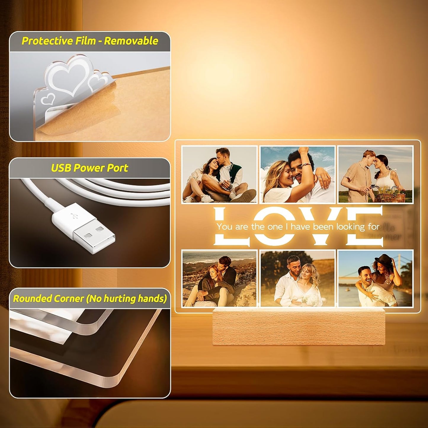Personalized Anniversary Couples Gifts for Women Men Girlfriend Boyfriend, Custom Picture Frames with Photo, Personalized Photo Frame with Night Light, Customized Gifts for Her Him Wife Husband