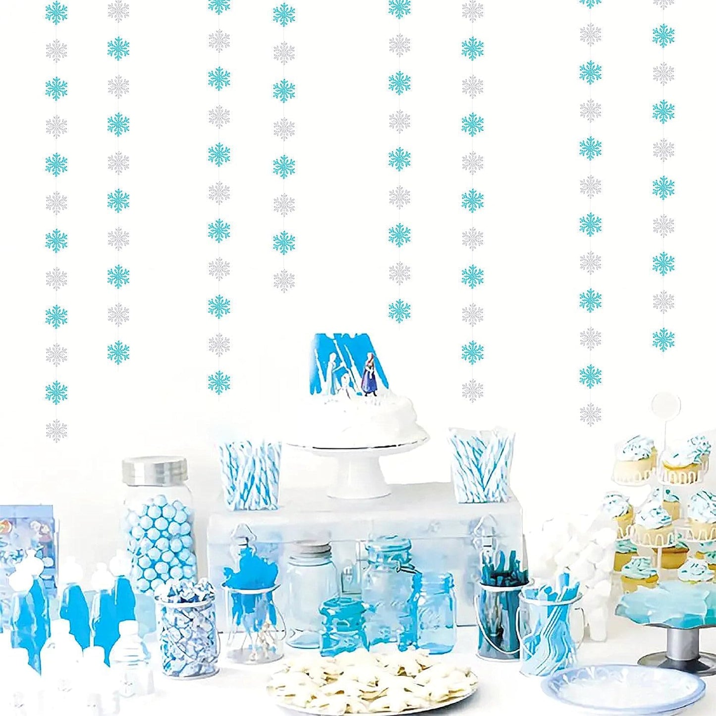 Snowflake-Snow Teal-Silver Christmas Party-Decoration Garland - 52ft Turquoise Winter Wonderland Frozen Ornaments Hanging Paper Streamers,New Years Birthday Baby Shower Wedding Ceiling Decor Hugfond