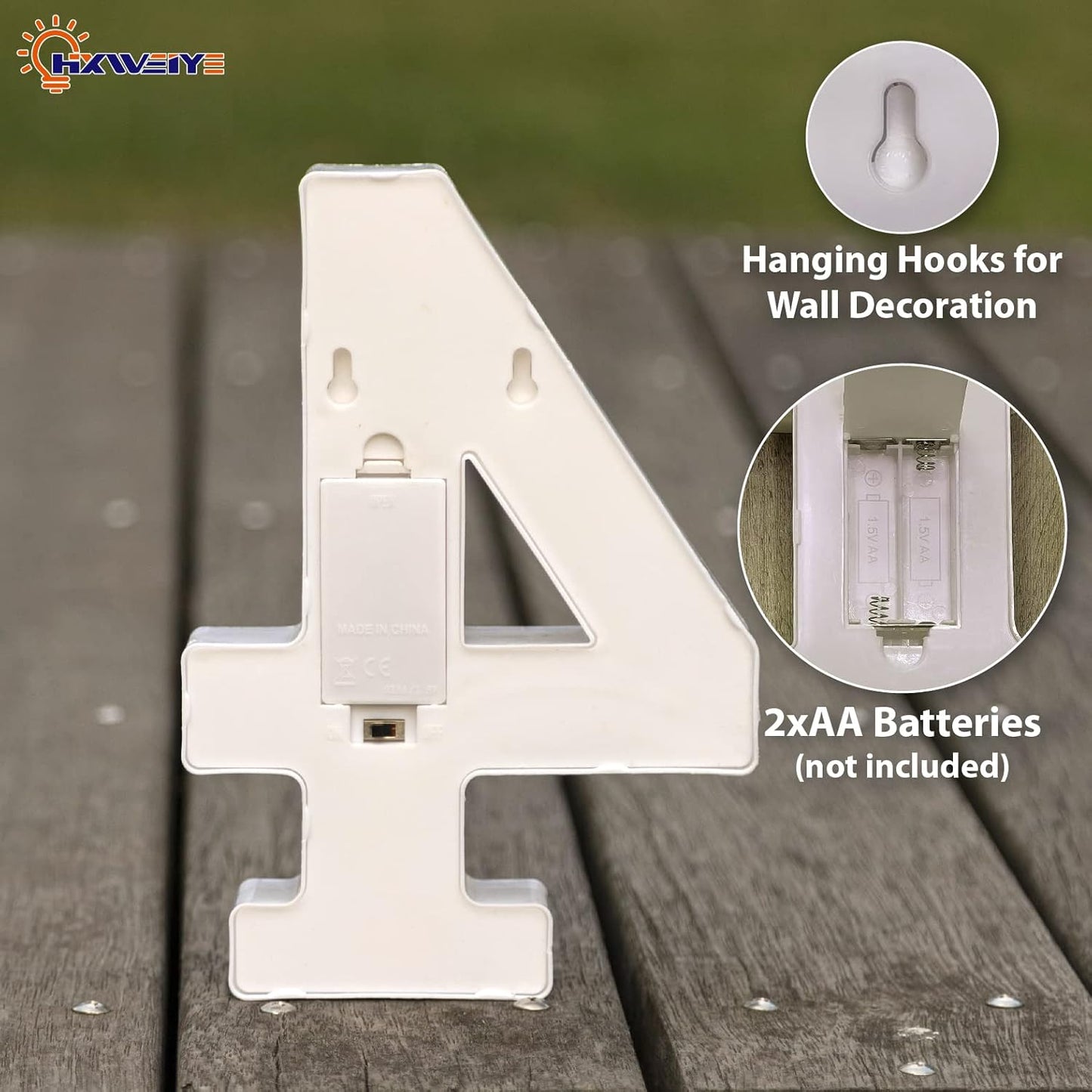 HXWEIYE Marquee Light Up Numbers-4, Led Large Numbers Letters Sign 26 Alphabet and 10 Number for Party Décor, Light Up Letters Battery Powered Warm White Christmas Decoration Numbers Light