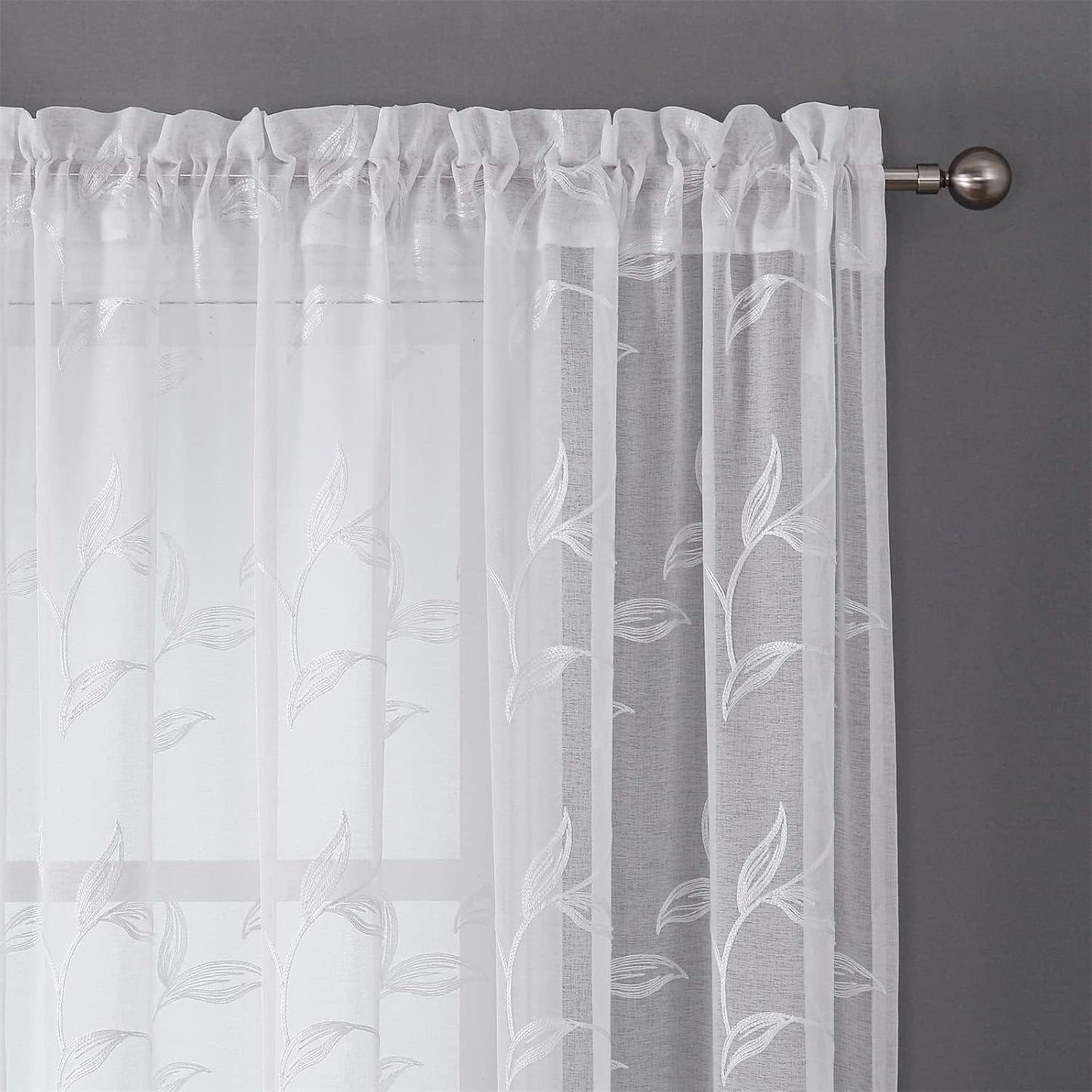 VISIONTEX Sheer Curtains 120 inch Length 2 Panels Set, White Voile Crushed Vine Leaves Embroidery, Rod Pocket Embroidered Window Drapes for Living Room and Bedroom, 54" x 120"