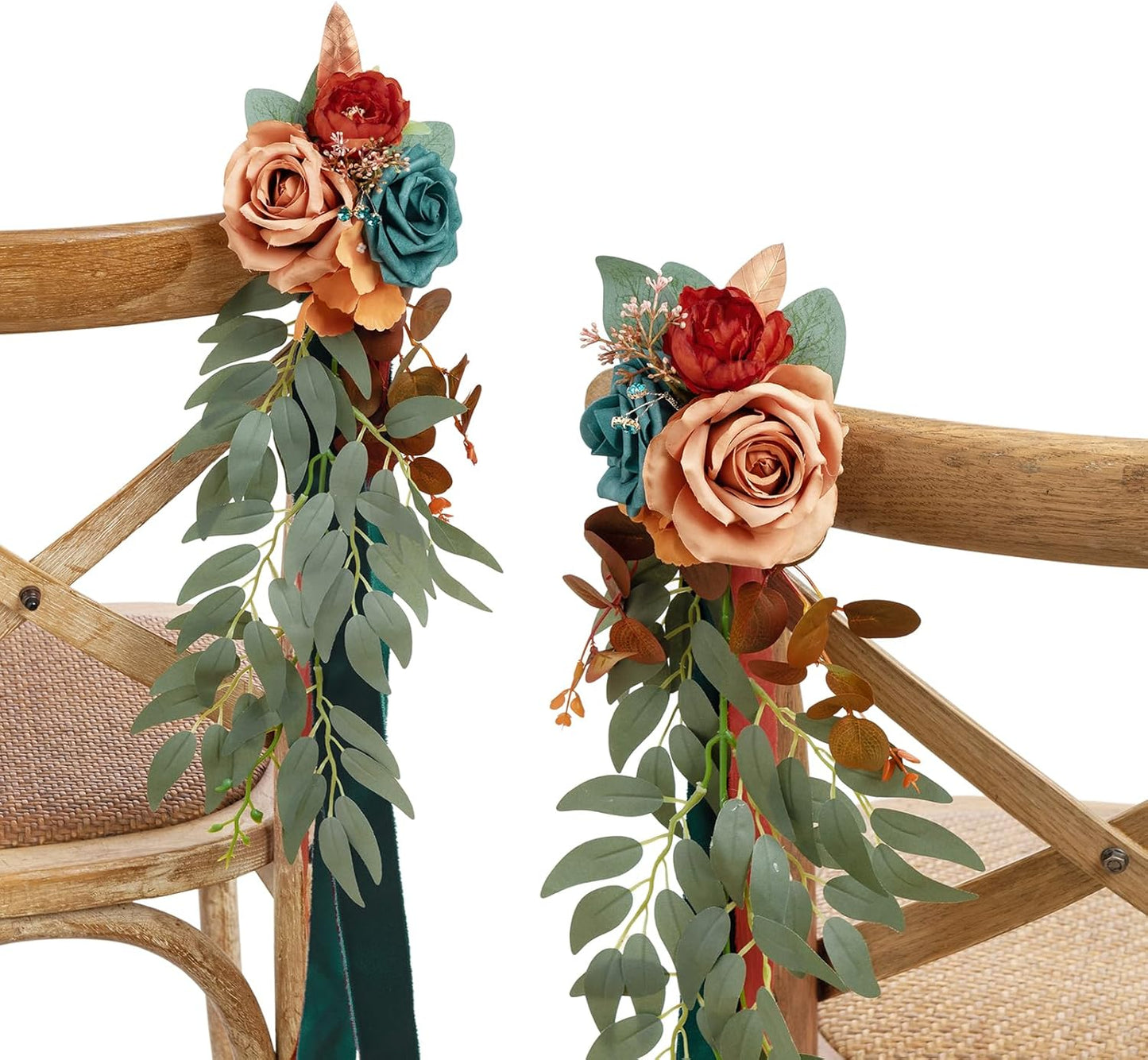 Ling's Moment 8pcs Wedding Artificial Aisle Pew Flowers Chair Decorations Arrangements with Chiffon Ribbons Burnt Orange for Ceremony Chair Back Floral Decor Reception Church Party Outdoor