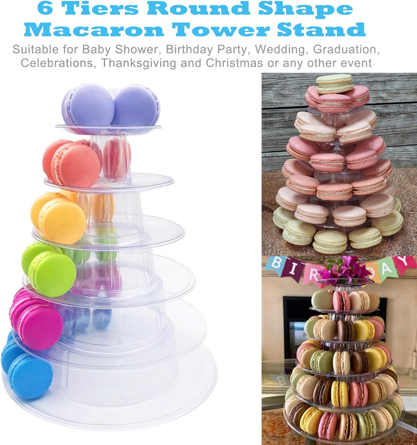 6 Tiers Round Macaron Tower Stand Plastic Transparent Cake Stand Macaron Display Rack Desserts Cupcake Holder Platter for Baby Shower, Birthday Party, Wedding, Party Decor