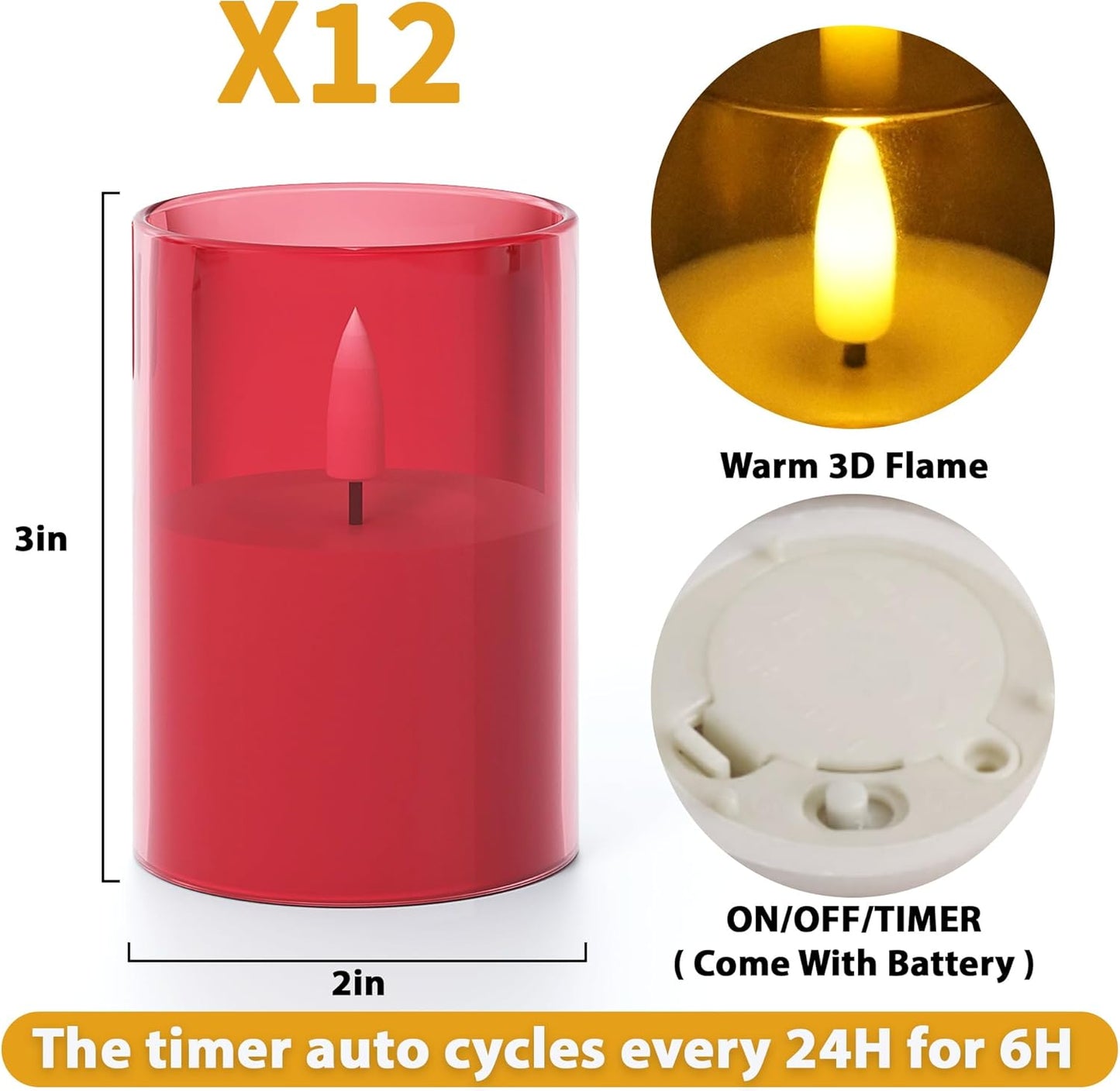 6Pack Flickering Flameless LED Candles with Timer, Battery Powered - Small Pillar & Votive, Red (2"X3")
