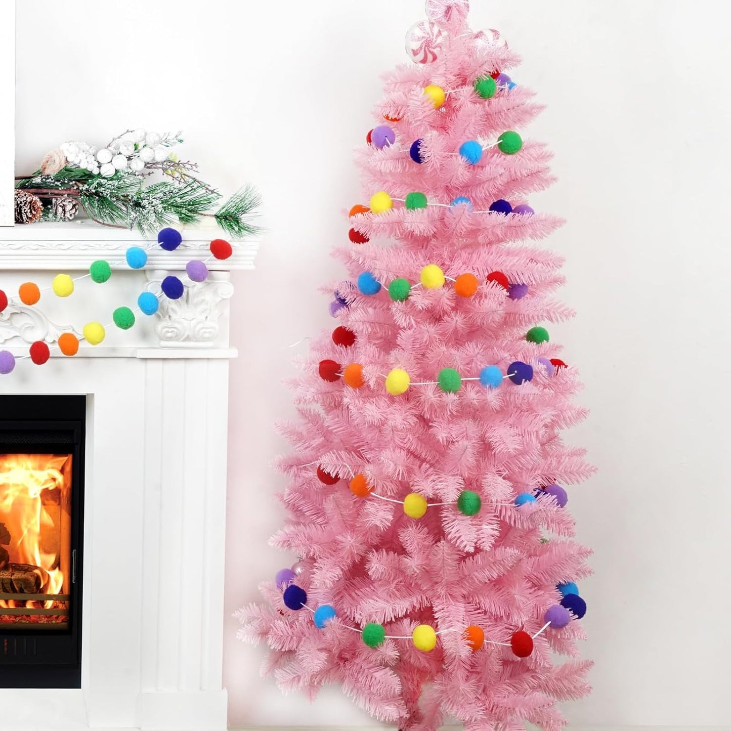 TBD Decor 2pk Rainbow Color Pom Pom Garland 13FT Colorful Large Felt Ball Garland for Mantle,Indoor Holiday Wedding Birthday Party Supplies