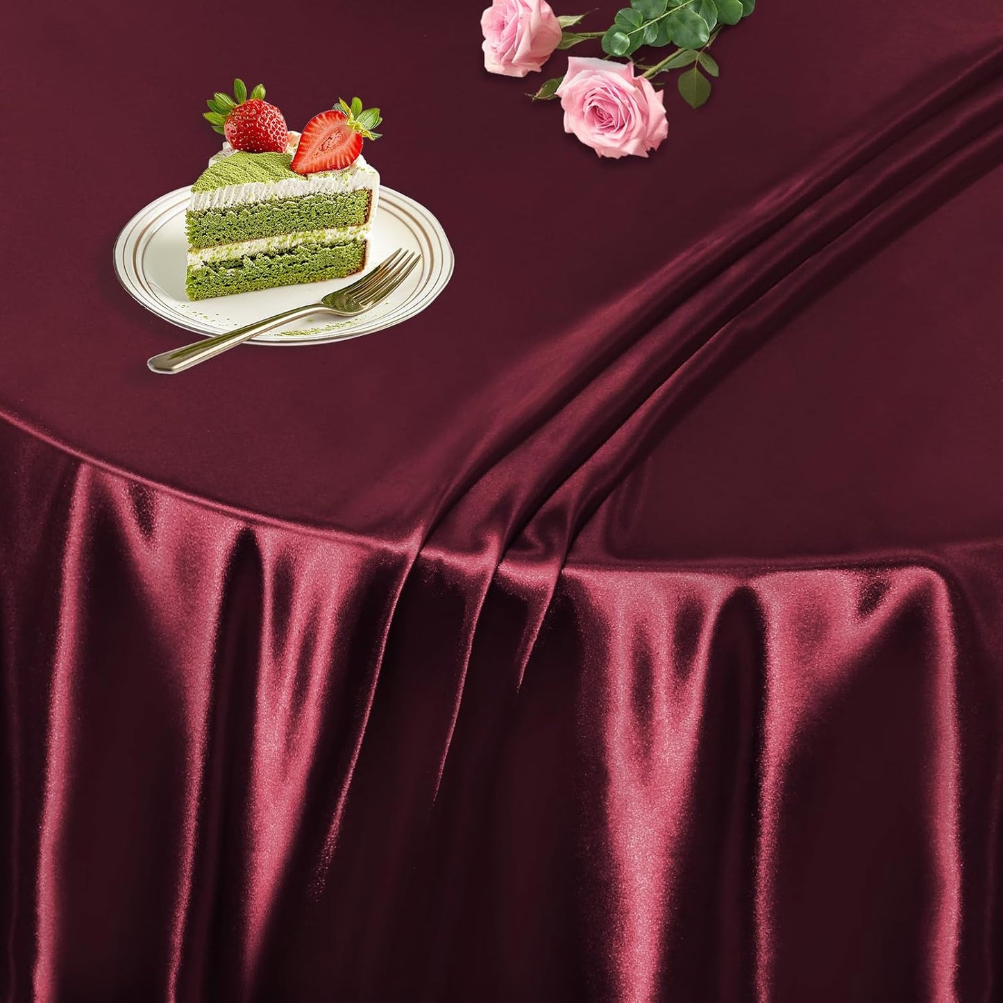 KKJIAF 1 Pack 108 Inch Round Table Cloth, Burgundy Overlay Round Satin Table Cover, Silky Satin Dining Tablecloths for Wedding Buffet Parties Banquet Decoration