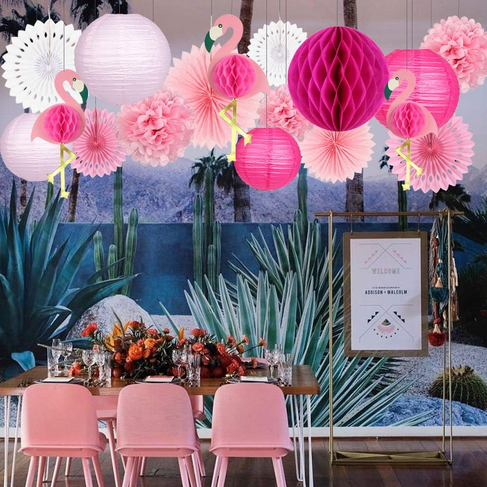 zilue Tropical Party Decorations Pink Flamingo Party Supplies Pom Poms Flowers Tissue Paper Fan Paper Lanterns for Hawaiian Summer Beach Luau Party