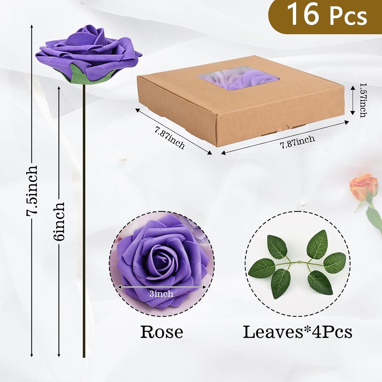 BLEUM CADE 16Pcs Artificial Flowers Fake Roses with Stems, Gradient Purple Boxed Foam Roses for DIY Bouquets Centerpieces Wedding Party Arrangement Bridal Shower Decor