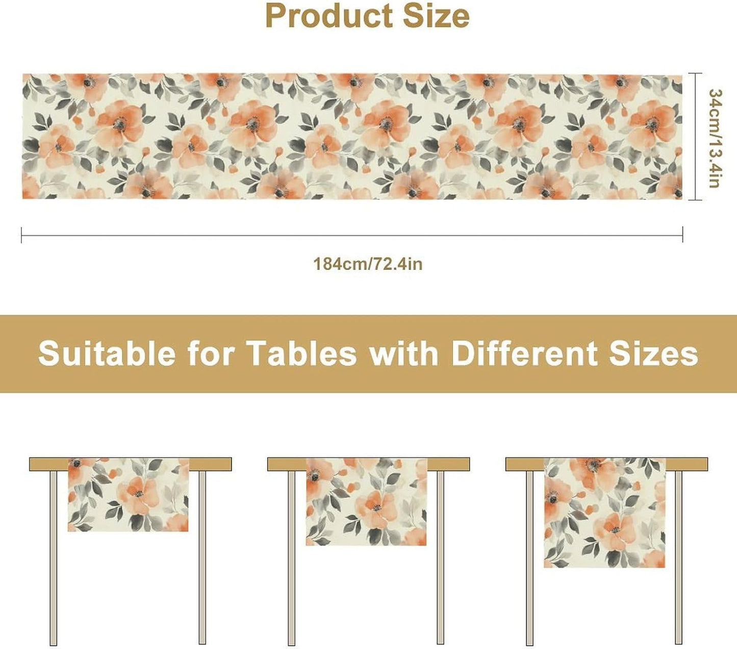 Floral Fall Table Runner, Rustic Watercolor Orange Flowers Seasonal Summer Autumn Table Runner for Kitchen Dinning Table Runner Decor Home Wedding Party Holiday, 13x120 Inch