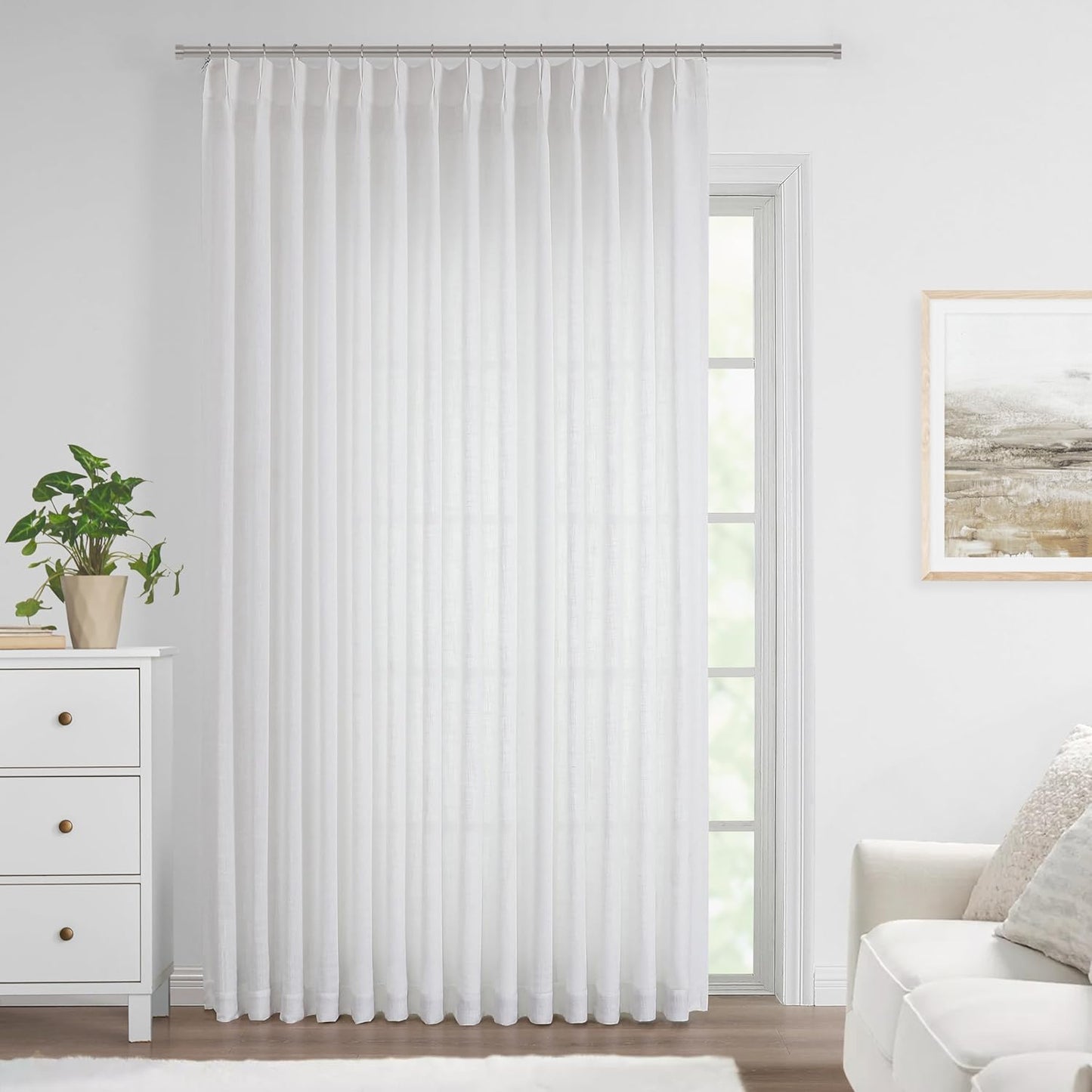 Vision Home White Pinch Pleated Semi Sheer Curtains Textured Light Filtering Window Curtains 95 inch for Living Room Bedroom Patio Rayon Blended Pinch Pleat Drapes with Hooks 1 Panel 80" Wx95 L