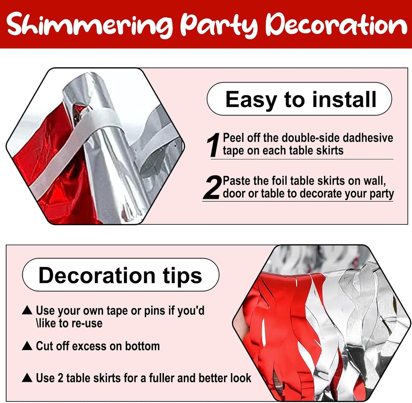 6 Pack 29 x108 Inch Red Silver Wave Foil Fringe Table Skirts Metallic Banner for Tinsel Streamer Garland Backdrop for Parade Floats, Mother's Day, Easter, Wedding, Birthday Party Decoration