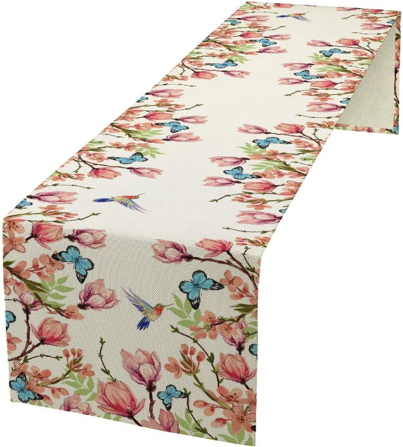 Flowers Table Runner,Floral Bird Butterfly Spring Table Cloth Kitchen Dining Table Home Party Decoration 13x60 Inch