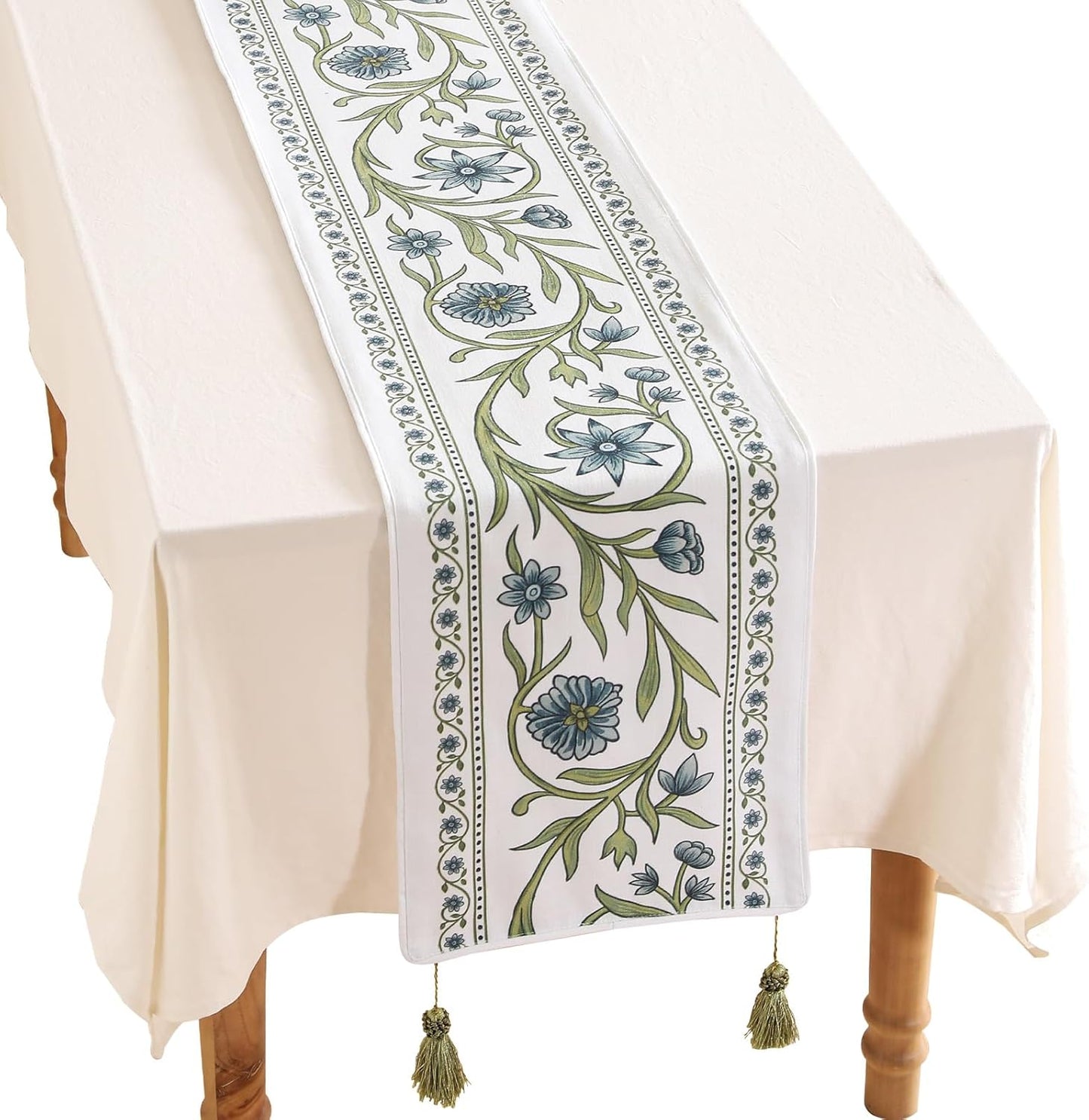 ISAENNE Designer Elegant Linen Table Runner 102 Inches Long,Vintage Blue Floral Pattern Decor Table Runners for Dining Tables,Kitchen Tables,Thanksgiving,Christmas,Banquet,12"*102"-Mosella E