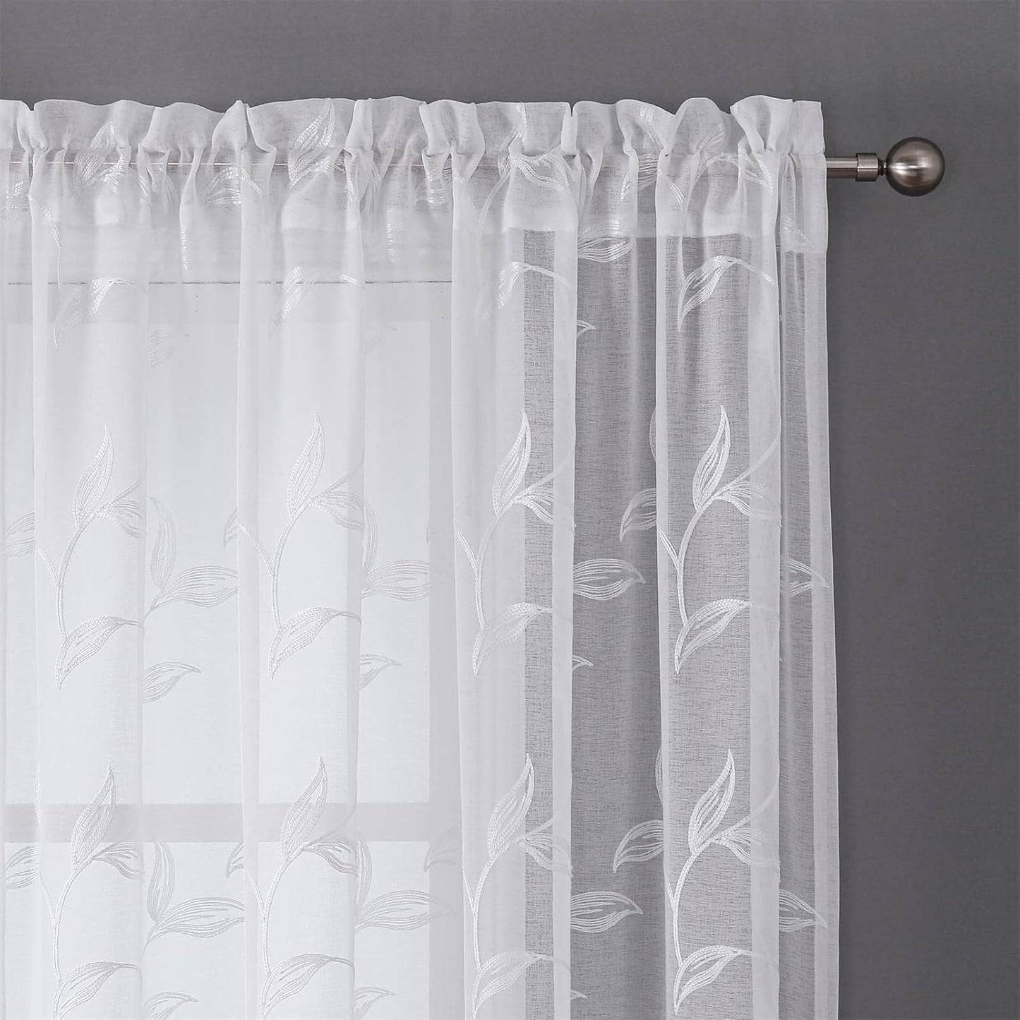 VISIONTEX White Sheer Voile Curtains, Decorative White Embroidery Faux Linen Rod Pocket Window Drapes for Home Kitchen, Living Room and Bedroom 54 x 84 Inch, Set of 2 Curtain Panels