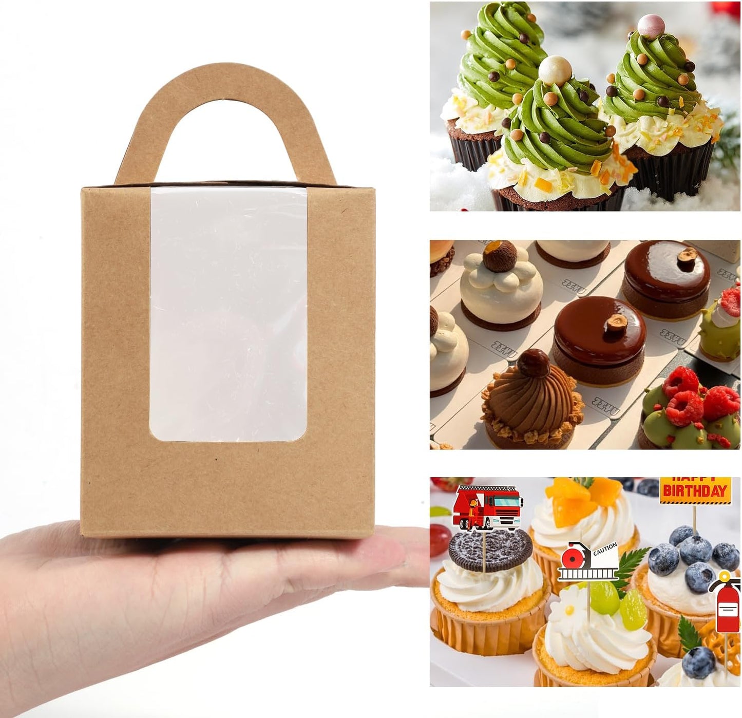 JCD Cupcake Boxes Kraft Paper, 120pcs Portable Cupcakes Holder Containers,Individual Cupcake Container Brown with Window Insert and Handle, Pastry Box Muffins Holder for Bakery Wrapping (Brown/120Pcs)