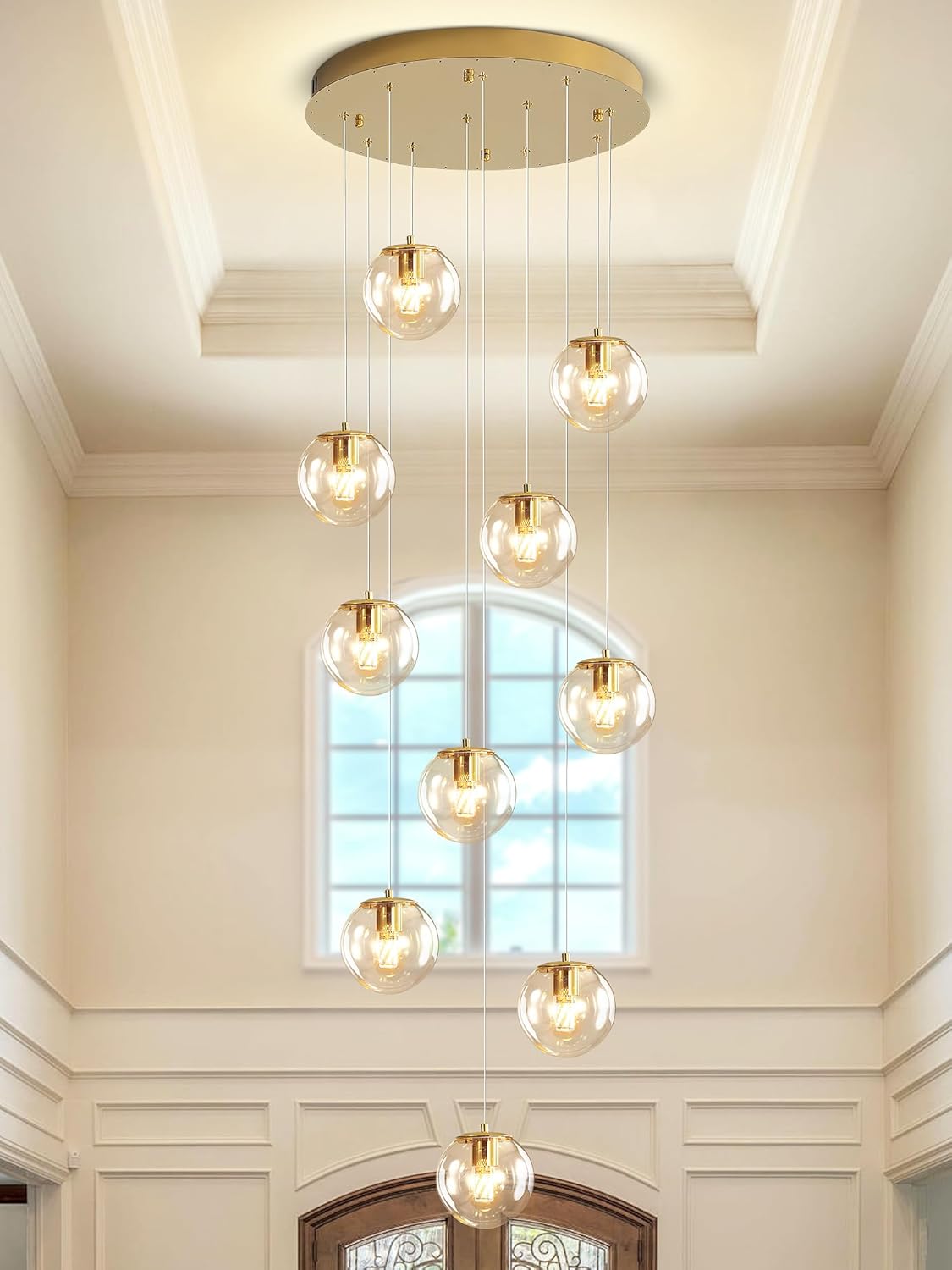 H118 Modern Glass Globe Chandelier Staircase Chandelier for Entryway 12-Lights Glass Globe Pendant Light Large Chandeliers for High Ceiling Foyer Stairwell