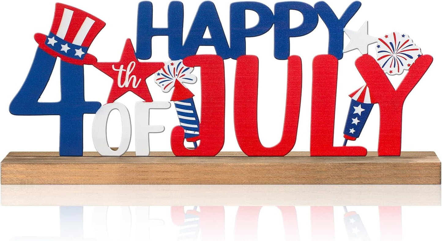Happy 4th of July/Patriotic Metal Sign Rustic Table Decor Holiday Tiered Tray Decor with Wooden Base Freestanding Metal Word Sign for Home Tabletop Centerpiece Mantel Shelf Fireplace