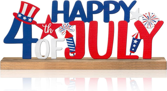 Happy 4th of July/Patriotic Metal Sign Rustic Table Decor Holiday Tiered Tray Decor with Wooden Base Freestanding Metal Word Sign for Home Tabletop Centerpiece Mantel Shelf Fireplace