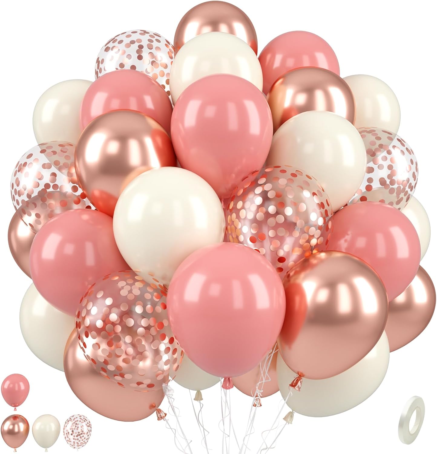 Paready Dusty Pink Balloons, 50 Pcs Retro Blush Pink White Balloons, 12 Inch Metallic Confetti Rose Gold Balloons Helium with Ribbon for Girls Wedding Bridal Baby Shower Birthday Party Decorations