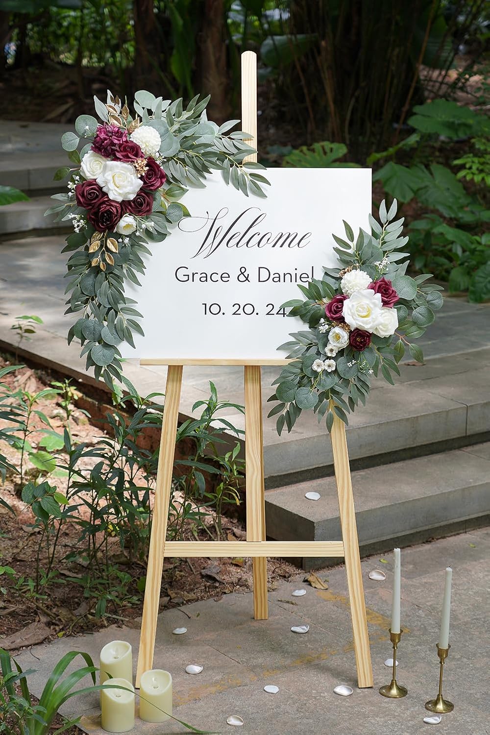 Artificial Burgundy Flower Swag Set of 2 for Wedding Welcome Signs Floral Decorations, Wedding Arch Flowers for Wedding Ceremony, Ivory Wedding Flower