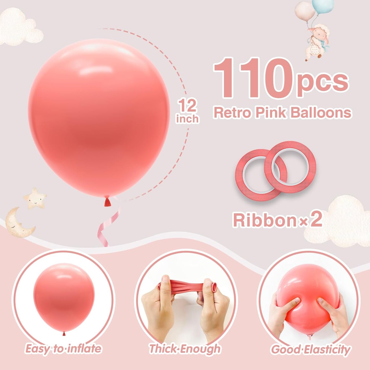 110pcs Retro Pink Balloons 12 Inch Pink Latex Balloon Arch Kit for Birthday Baby Shower Anniversary Graduation Wedding Party Decorations