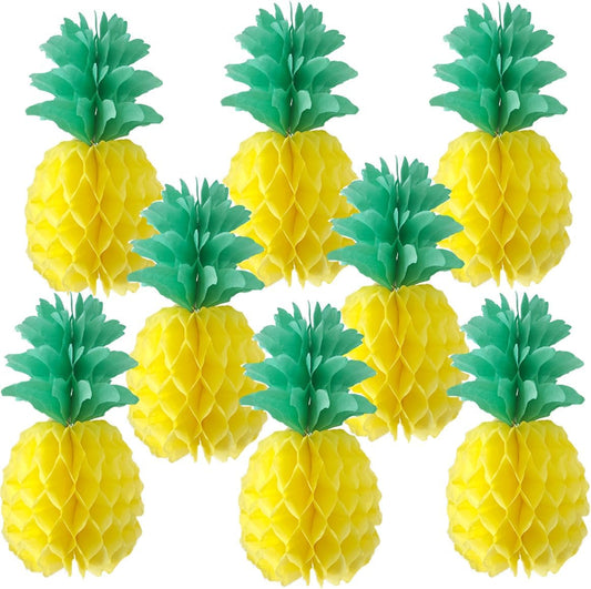 12inch Paper Pineapple Honeycomb Decorations 8pcs Tissue Party Pineapple Centerpieces Hanging Pineapple for Table Decor for Summer Tropical Hawaiian Beach Decor