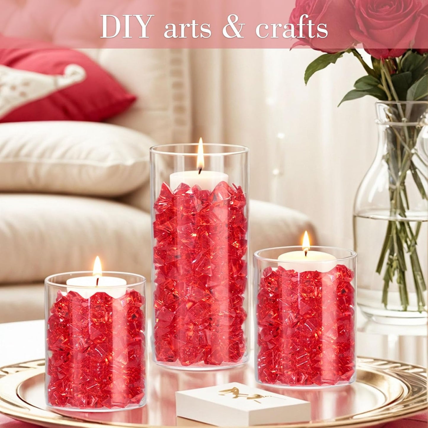 DomeStar Red Fake Ice Rocks, 150PCS Acrylic Gems Crystals Plastic Diamonds Centerpiece for Vase Fillers Wedding Party Table Scatter Decorations