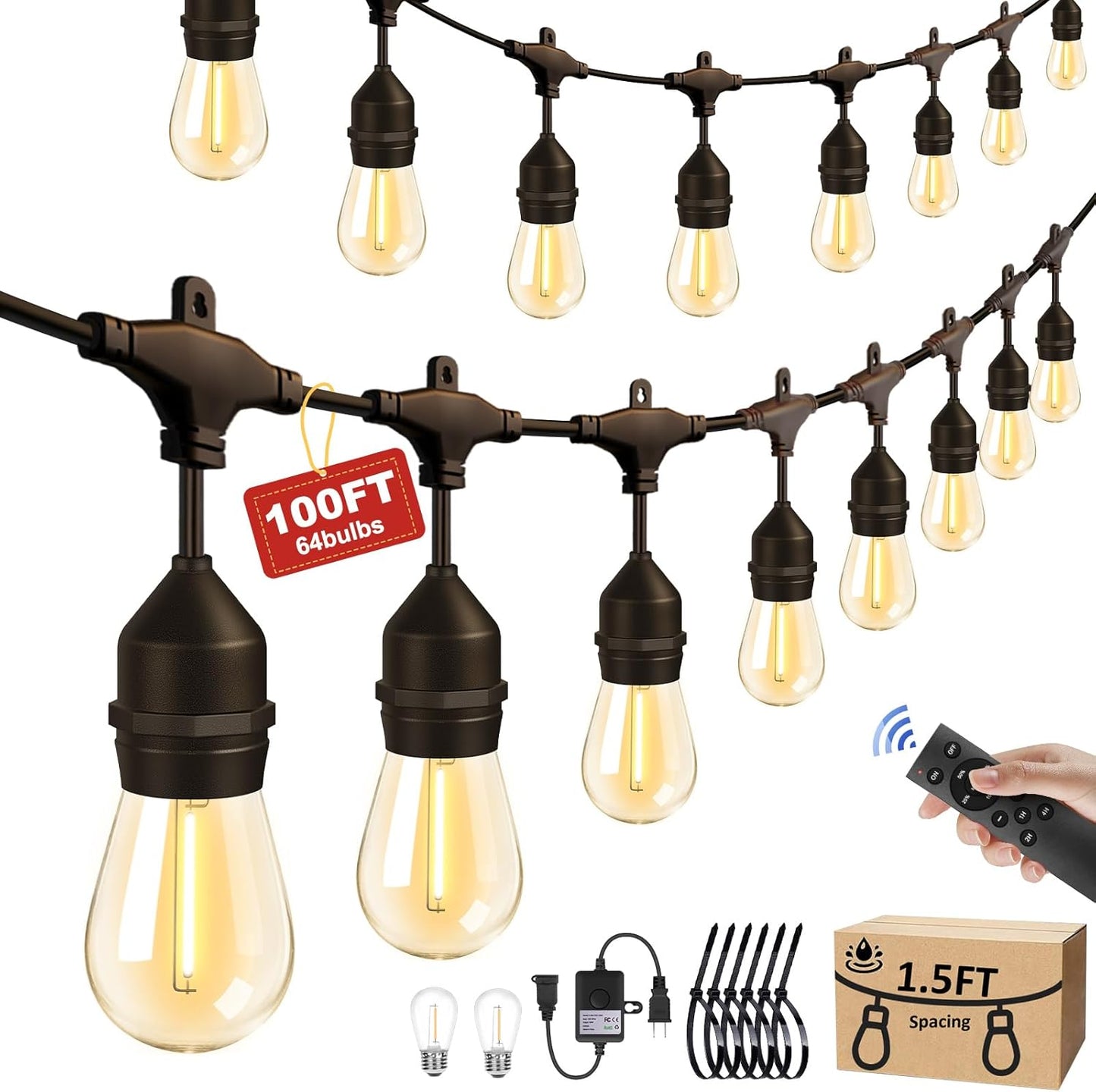 100FT Outdoor String Lights with 64+4 Bulbs (1.5FT Bulbs Spacing), Remote & Dimmer, Commercial Patio String Lights with 3 Mode Light & Timing, IP65 Waterproof, 100PC Mounting Ties for Outside