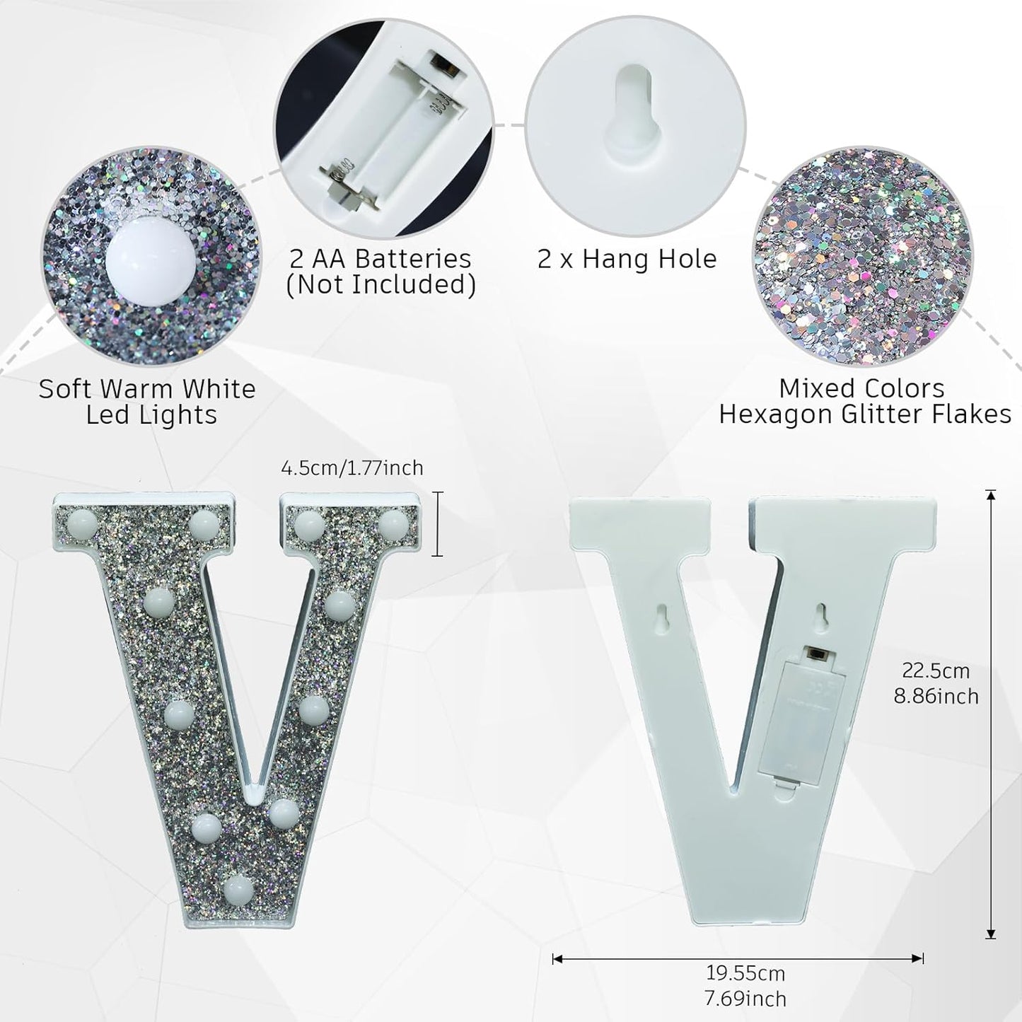 Light Up Letters - Marquee Letter V, Glitter Lighted Signs for Prom, Events, or Engagement Party Decor