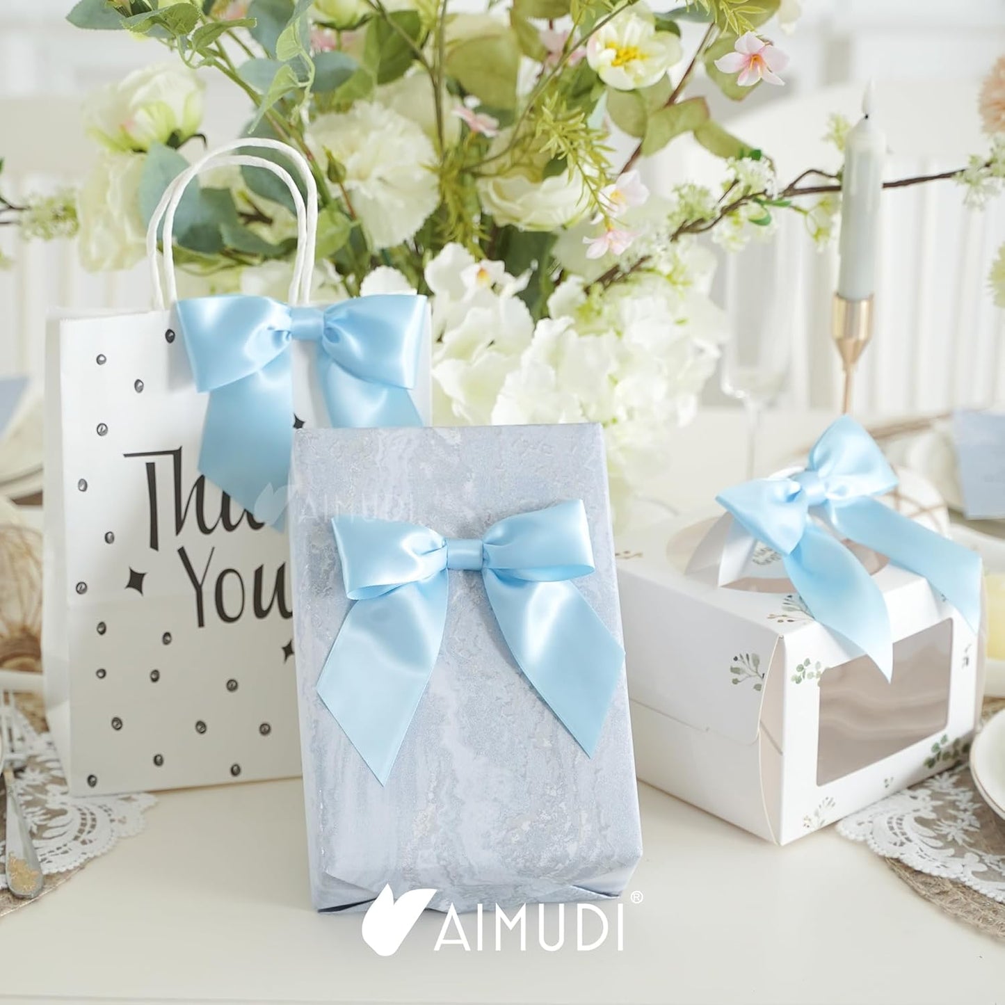 AIMUDI Baby Blue Satin Bows 5.5" Bows for Gift Wrapping Satin Twist Tie Bows Premade Ribbon Bows for Treat Bags Invitations Baskets Crafts Wedding Birthday Baby Shower Easter Decorations, 24 PCs