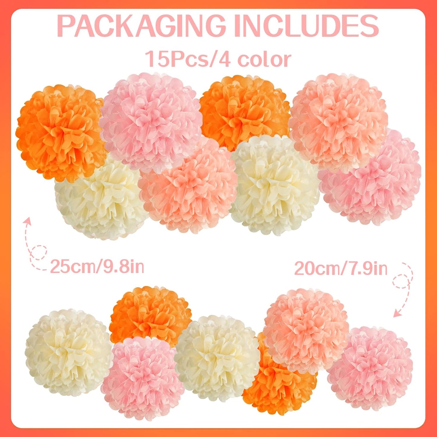 15Pcs Tissue Pom Poms Pink Orange Paper Flowers Hanging Decorations Orange Pink Flower Ball for Baby Shower Wedding Nursery Birthday Party Backdrop Home Outdoor