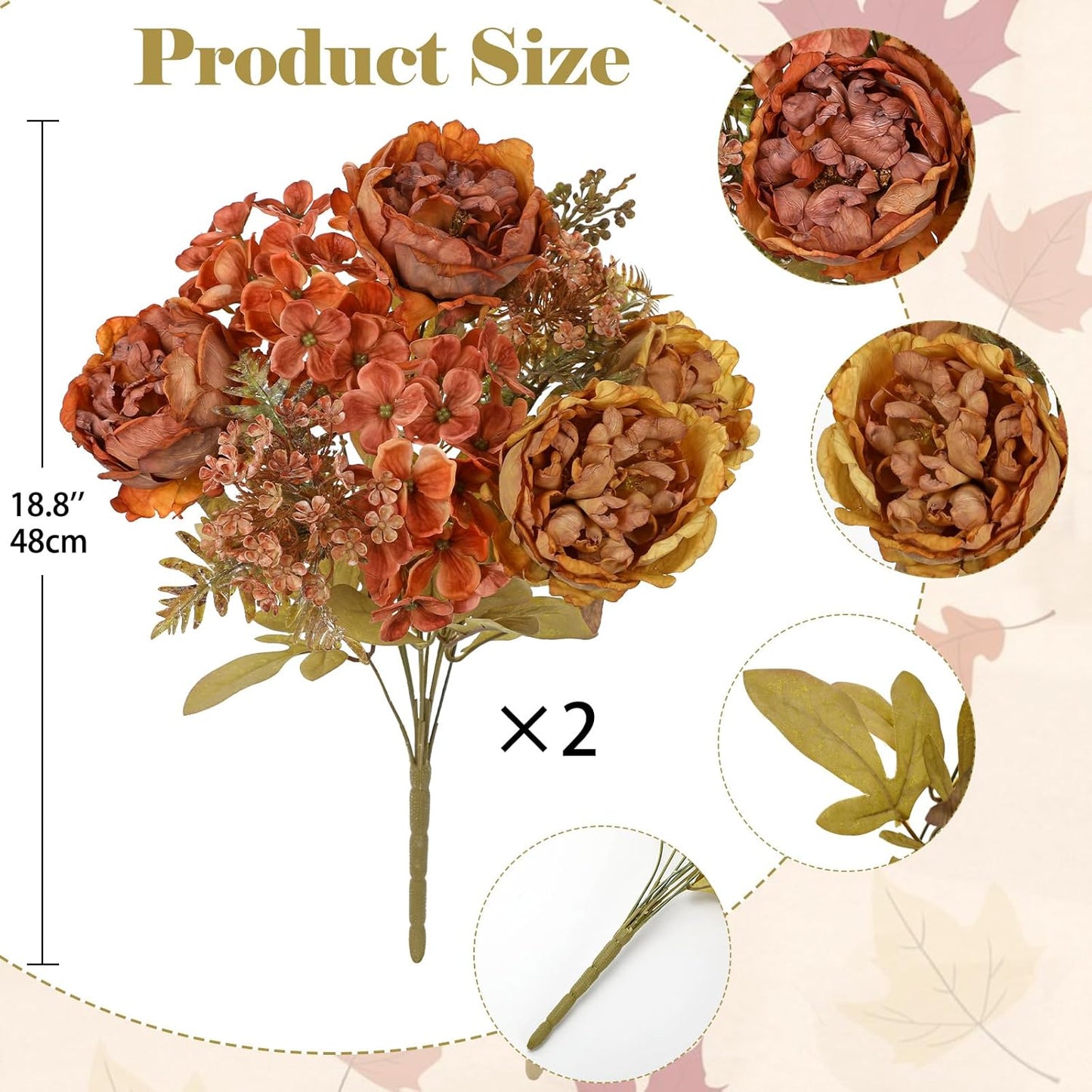 Hollyone 2Pcs Artificial Fall Flowers Bouquet 18.8" Burnt Orange Dried Peony Hydrangea Fake Fall Floral Silk Flowers Faux Flower Arrangement for Home Wedding Table Centerpiece Thanksgiving Party Decor