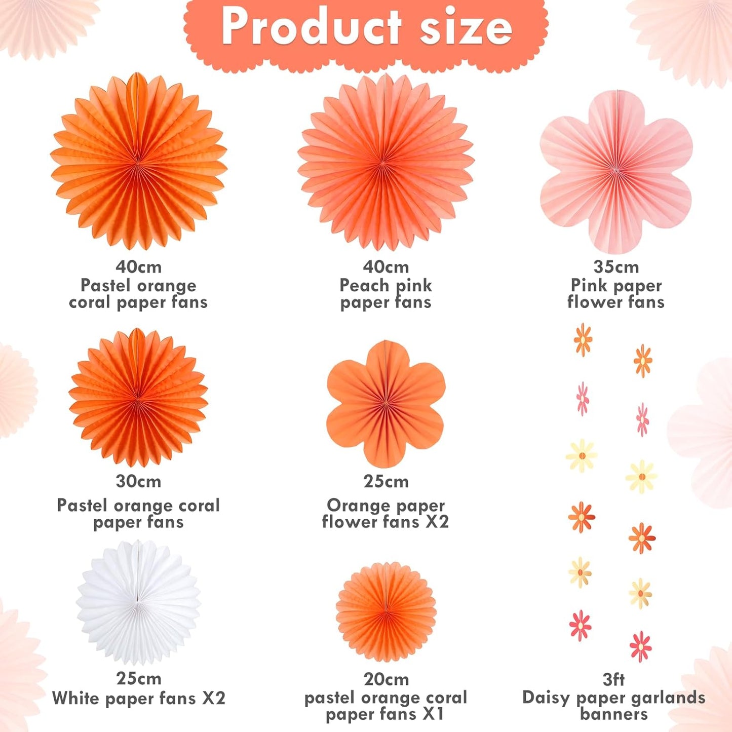 SUNBEAUTY Paper Fans Decorations Pink and Orange Party Decorations Flower Party Decorations Classroom Decoration Paper Floral Backdrop Decor Flower Wall Decor with Daisies,Set of 9