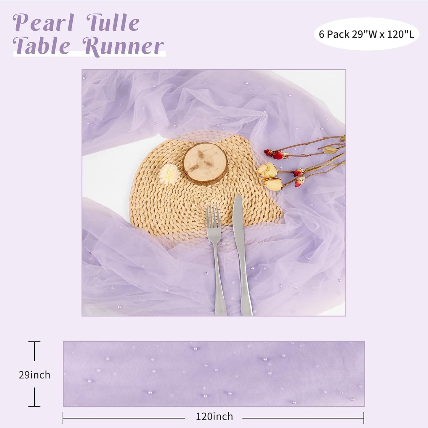 Set of 6 Pearl Table Runner 29 x 120 Inch Tulle Fabric Lace Table Runners Boho Rustic Tablecloth for Bridal Shower Birthday Party Wedding Arch Aisle Veil Dessert Table Decor(Light Purple)