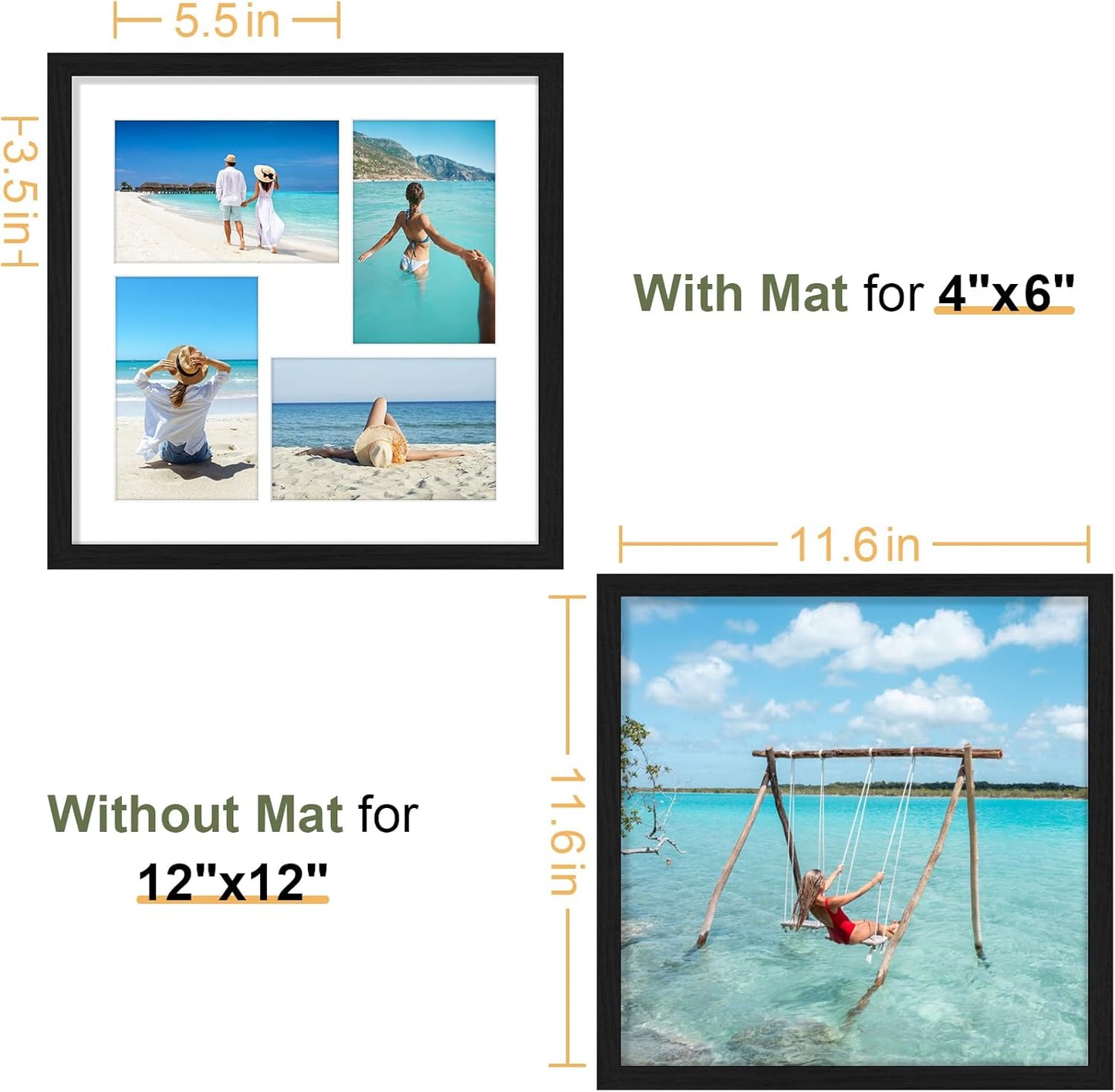 Vittanly 12x12 Collage Picture Frame, Displays 4Pcs 4x6 Pictures with Mat, Picture Frames Collage Wall Decor for Horizontal or Vertical Display, Black, 1 Pack