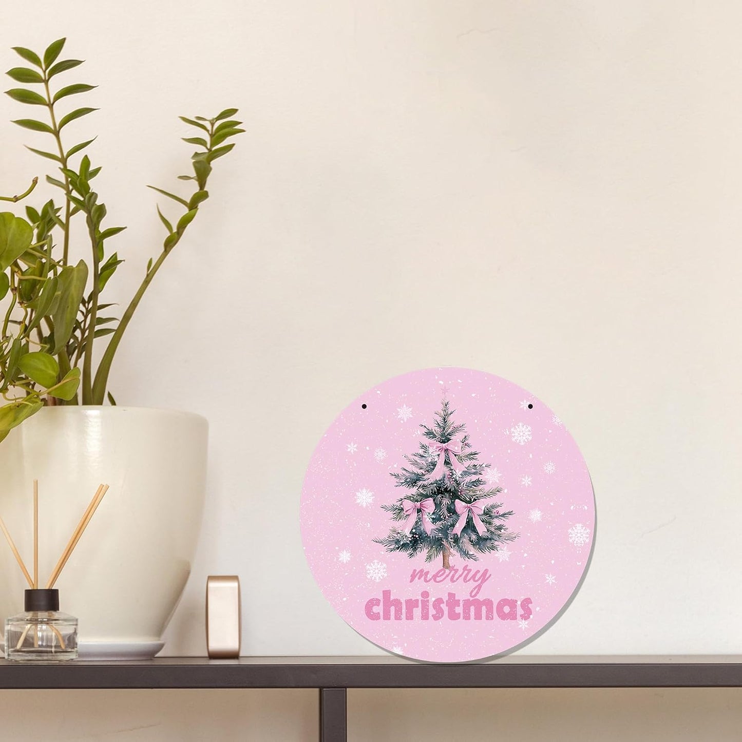 CGBHW Pink Christmas Wooden Sign, Coquette Aesthetic Christmas Tree Xmas Bows Hanging Sign Wall Decor for Girls Room Home, Winter Holiday Snowflake Door Decor 12 x 6 Inch